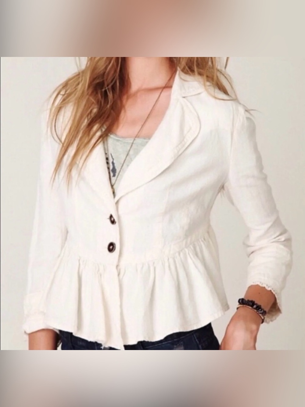 Women’s Free People Cropped Linen Ruffled Jacket ivory cream classic S